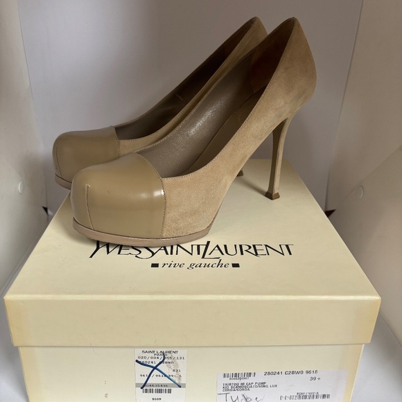 YSL Yves Saint Laurent Tribtoo 80 Chair Suede Patent Cap Toe Shoes size 39.5 - Picture 1 of 13